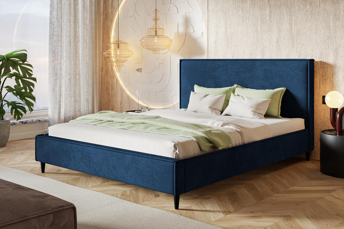POLSTERBETT LUX RICO mit Kopfteil, 180 x 200 cm, Doppelbett mit Lattenrost aus Holz, Velourstoff Blau, Füße in Farbe: Schwarz - Blau, Holz/Textil (180/200cm) - Alpi-Möbel