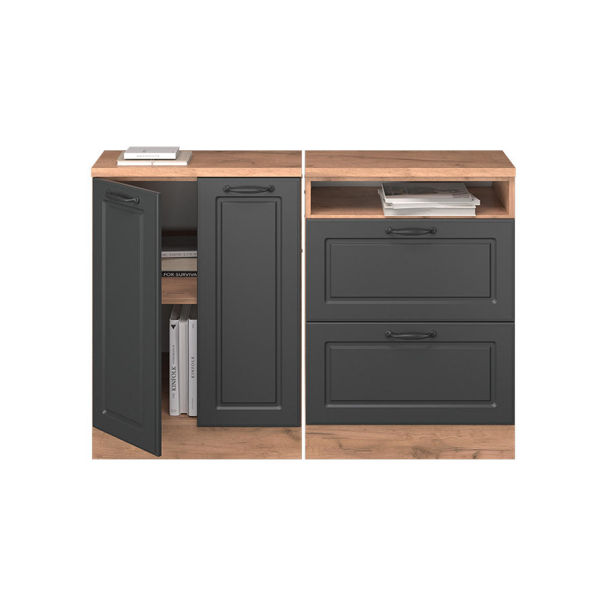 KUHINJSKI ORMAR ZA KOSINE KROVA R-Line Antracit u rustikalnom stilu 120 cm Set od 2 korpusa ormara, dubina 60 cm - hrast medunac/antracit, drvni materijal (120/83.8/60cm) - Vicco
