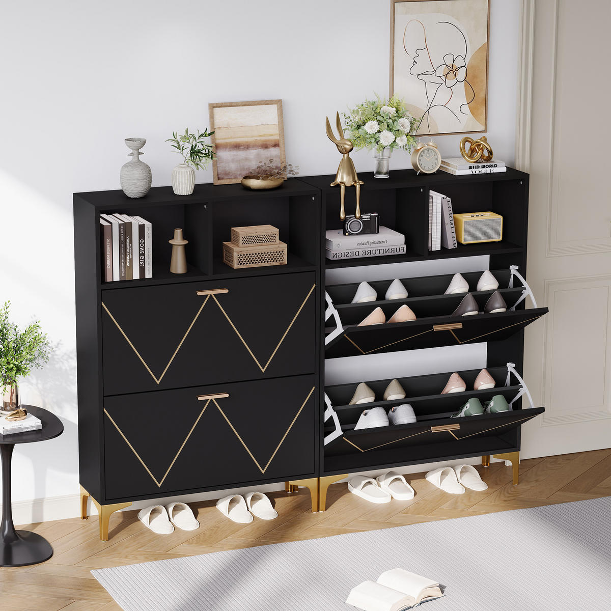 SCHUHSCHRANK 4 Klappen 8 Fächer MDF Metall Sideboard modern - Schwarz, Holzwerkstoff (25/117/160cm) - FLIEKS