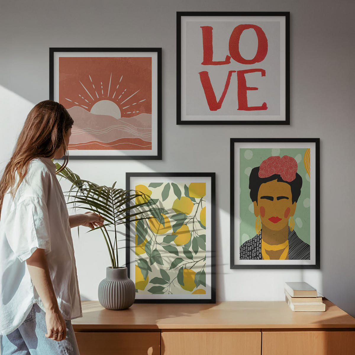 BILDER SET 4er Set - 50x50 cm & 40x60 cm Schwarzer Rahmen - Zitronen Inschrift Liebeslandschaft Frida - Schwarz, Kunststoff (50/50cm) - TULUP