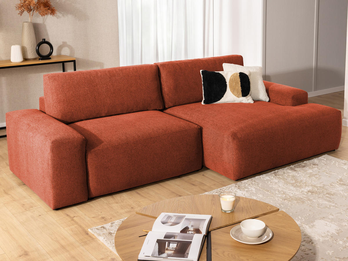 ECKSOFA Lennon aus Terrakotta Strukturstoff mit Schlaffunktion und Bettkasten - Terracotta/Schwarz, Holz/Kunststoff (264/137cm) - S-Style