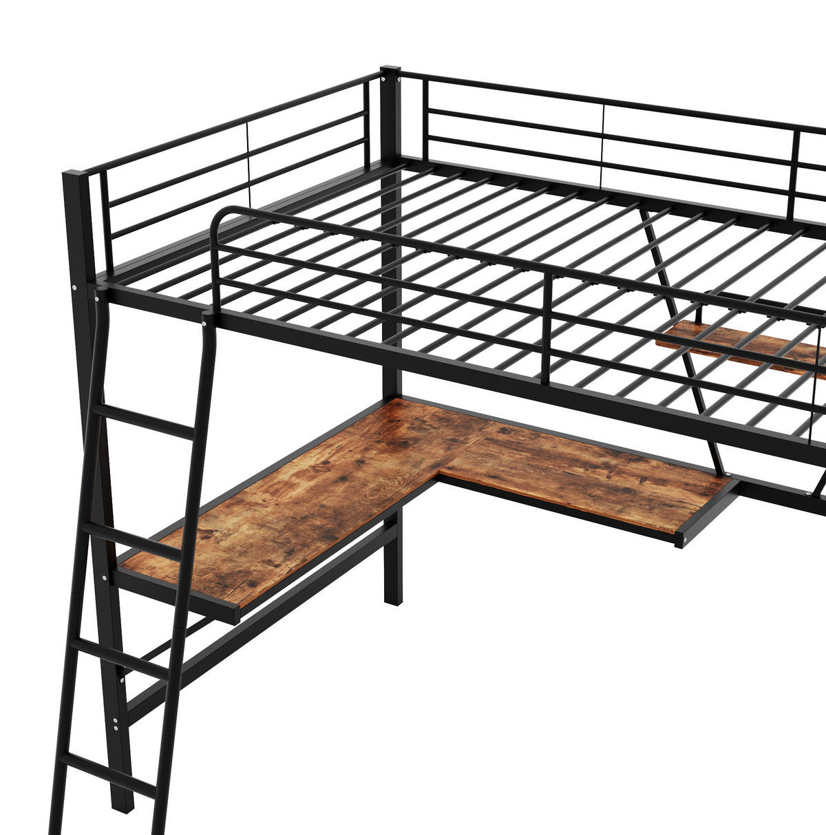 HOCHBETT mit Schreibtisch 90/200 cm in Schwarz – mit Regal und Rausfallschutz - Schwarz, Metall (90/200cm) - BEAOK