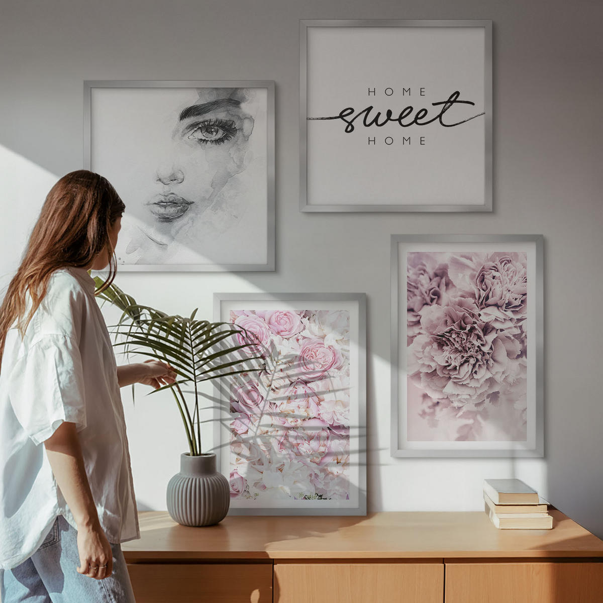 WANDBILDER 4er Set - 50x50 cm & 40x60 cm Silberner Rahmen - Pfingstrosenporträt einer Frau für Zuhause - Silberfarben, Kunststoff (50/50cm) - ArtPrintCave