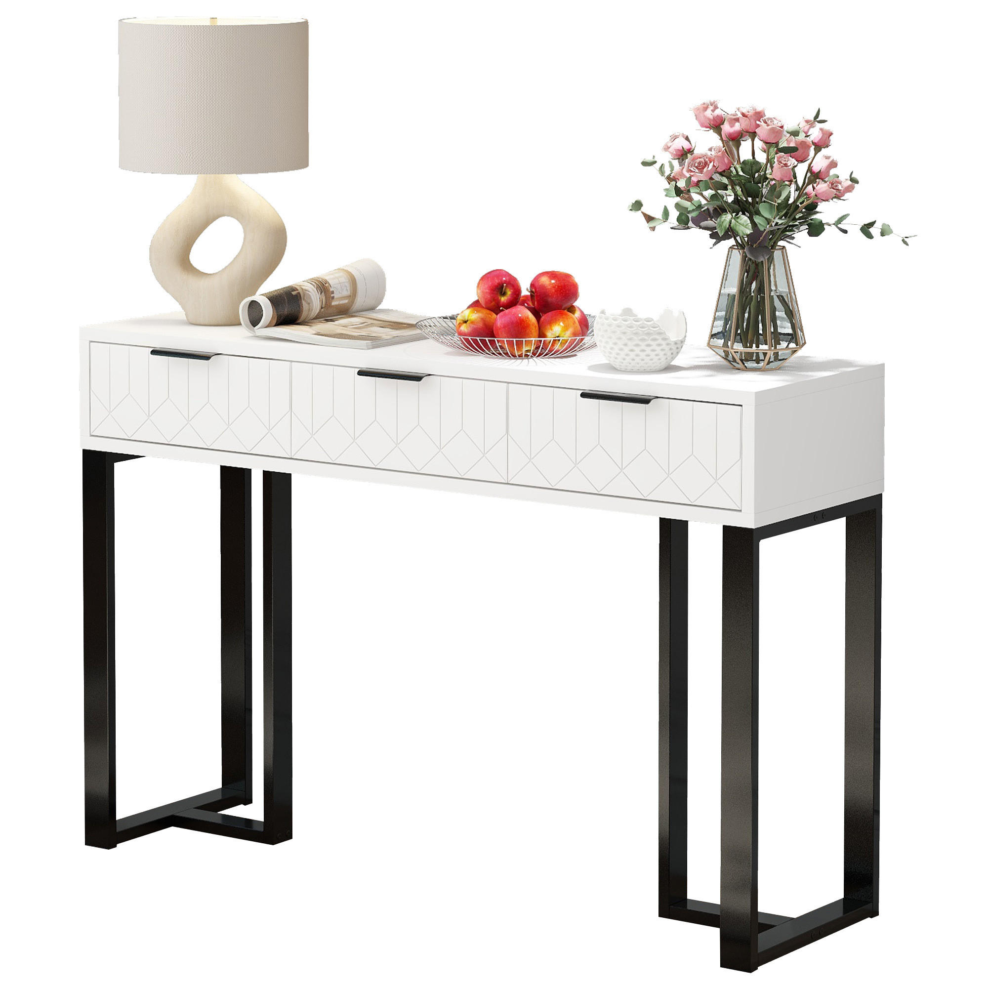 BEISTELLTISCH in Weiß und Schwarz Konsolentisch mit Schubladen für Wohnzimmer, Flur und Büro, B120/T36/H80 cm - Schwarz/Weiß, Holzwerkstoff/Metall (36/120/80cm) - STILVORA