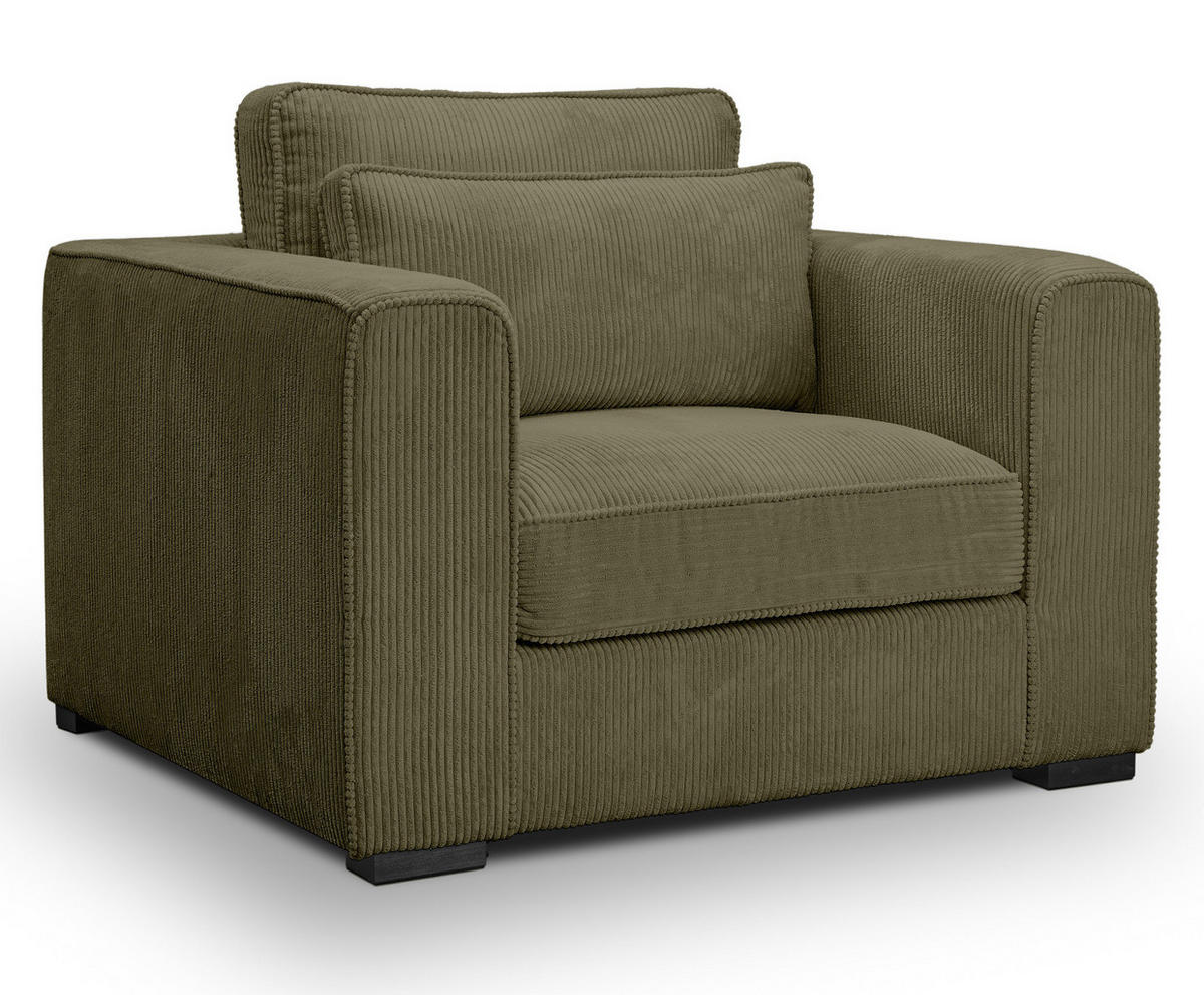 SESSEL khaki Cord, Loungesessel 120 cm, Wohnzimmersessel mit Wellenfederung - Dunkelgrün/Schwarz, Holzwerkstoff/Kunststoff (120/92/112cm) - Inn.Furn