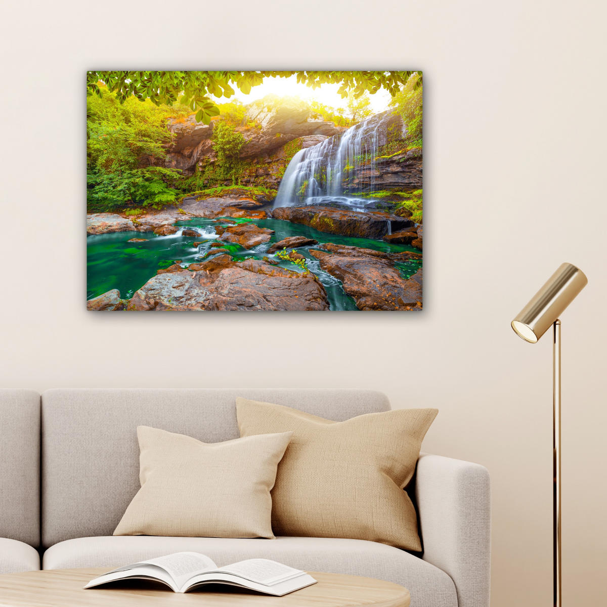 LEINWANDBILD Natur - Wasserfall - Pflanzen - Bäume - Sonne Wandbilder 80x60 cm - Olivgrün, Textil (80/60cm) - MuchoWow