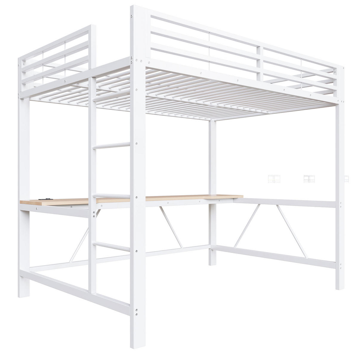 HOCHBETT 140/200 cm in Weiß mit Schreibtisch, LED und USB - Weiß, Holzwerkstoff/Metall (140/200cm) - WISHDOR
