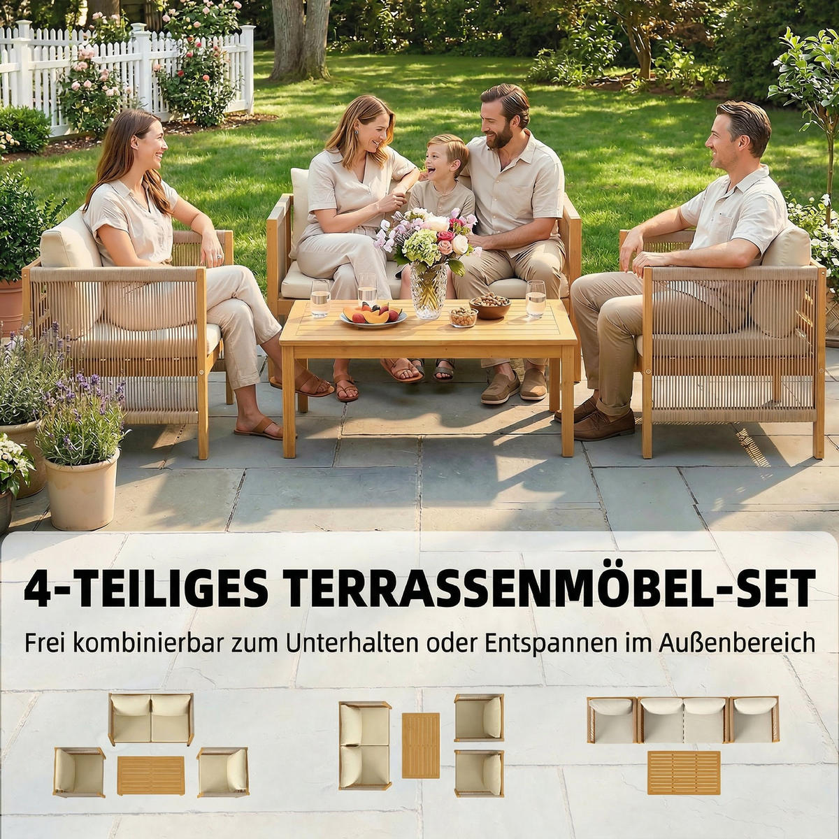 GARTENSET 4-teilig Beige 120.0/60.0/64.0 cm - Beige, Holz