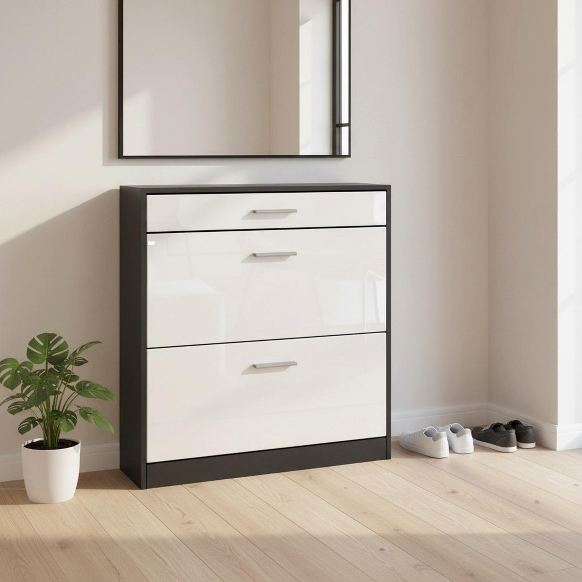 SCHUHSCHRANK Roma Schmal mit 2 Klappen und 1 Schublade, Platzsparender Schuhkipper, Schwarz/Weiß Hochglanz (89 x 95,5 x 23 cm) - Weiß Hochglanz, Holzwerkstoff (89/95.5/23cm) - InnoFurn