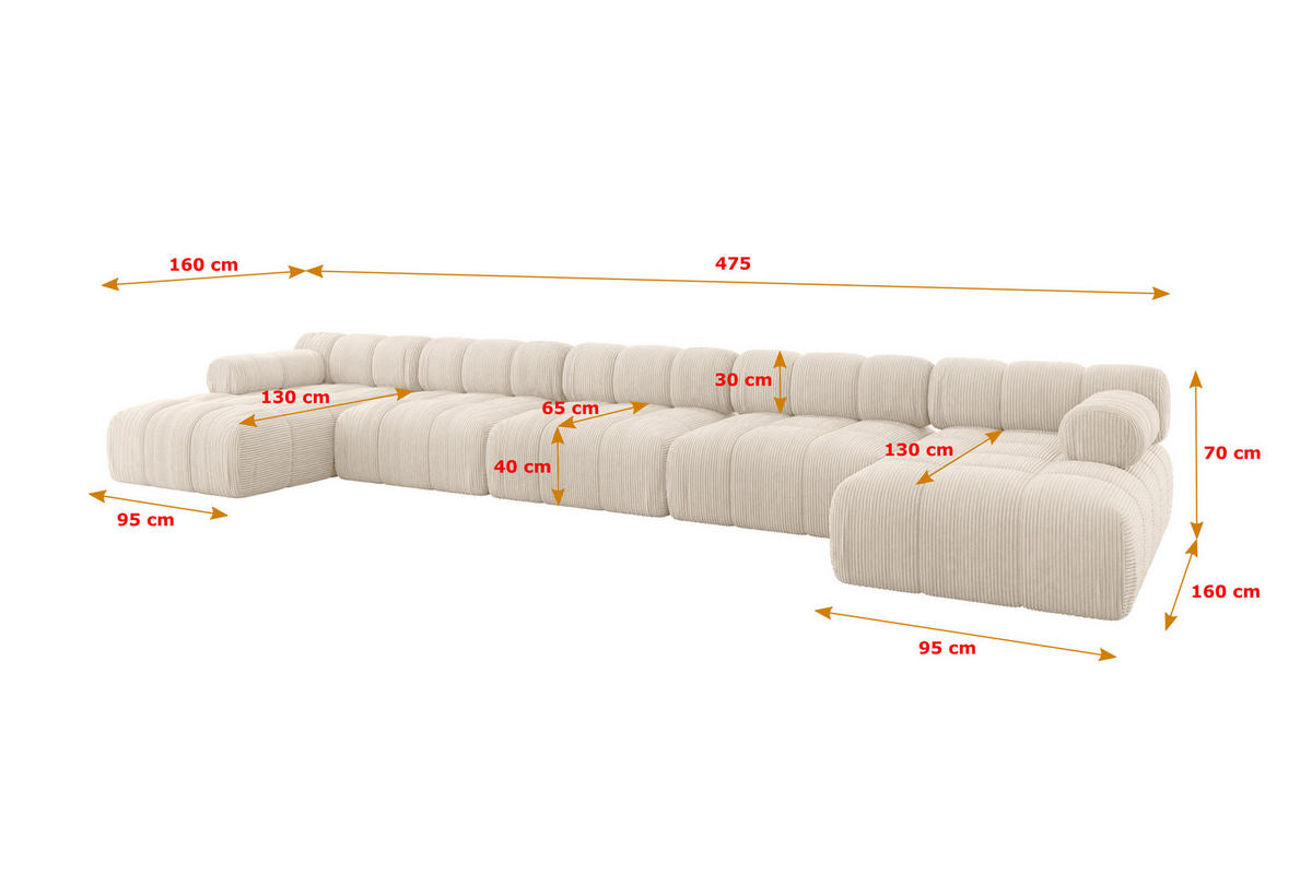 WOHNLANDSCHAFT modulares Sofa Tesso-U3 - 475x160x70 cm Beige Cord - Beige, Holzwerkstoff/Textil (475/70/160cm) - ALTDECOR