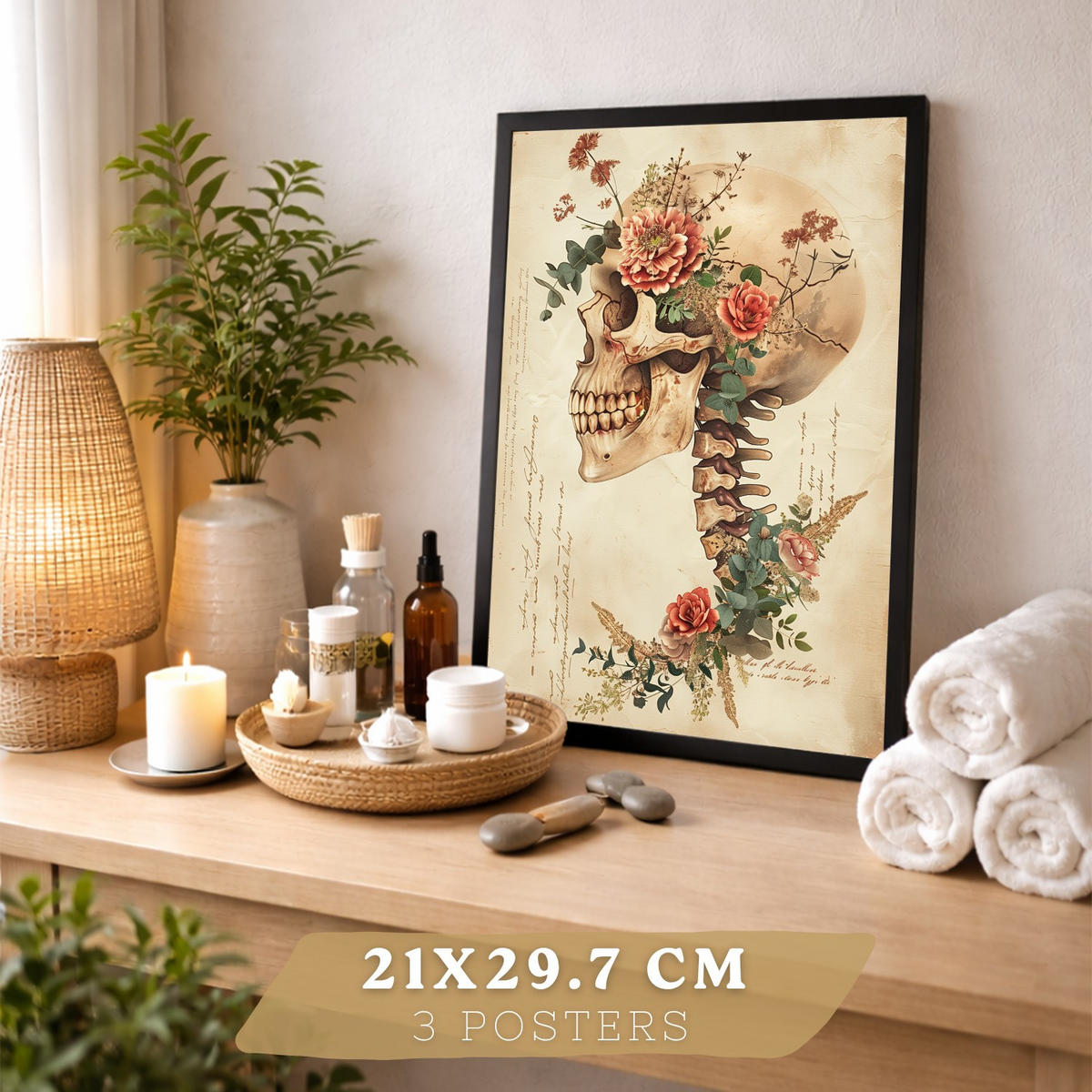 POSTER Set aus 3 Anatomie Mensch Drucke und Wandbilder mit Herz Gehirn und Schädel Vintage Floraler Stil Wanddekoration Größe Schwarzer Rahmen A4 - Schwarz, Papier (21/29.7/3cm) - Nacnic
