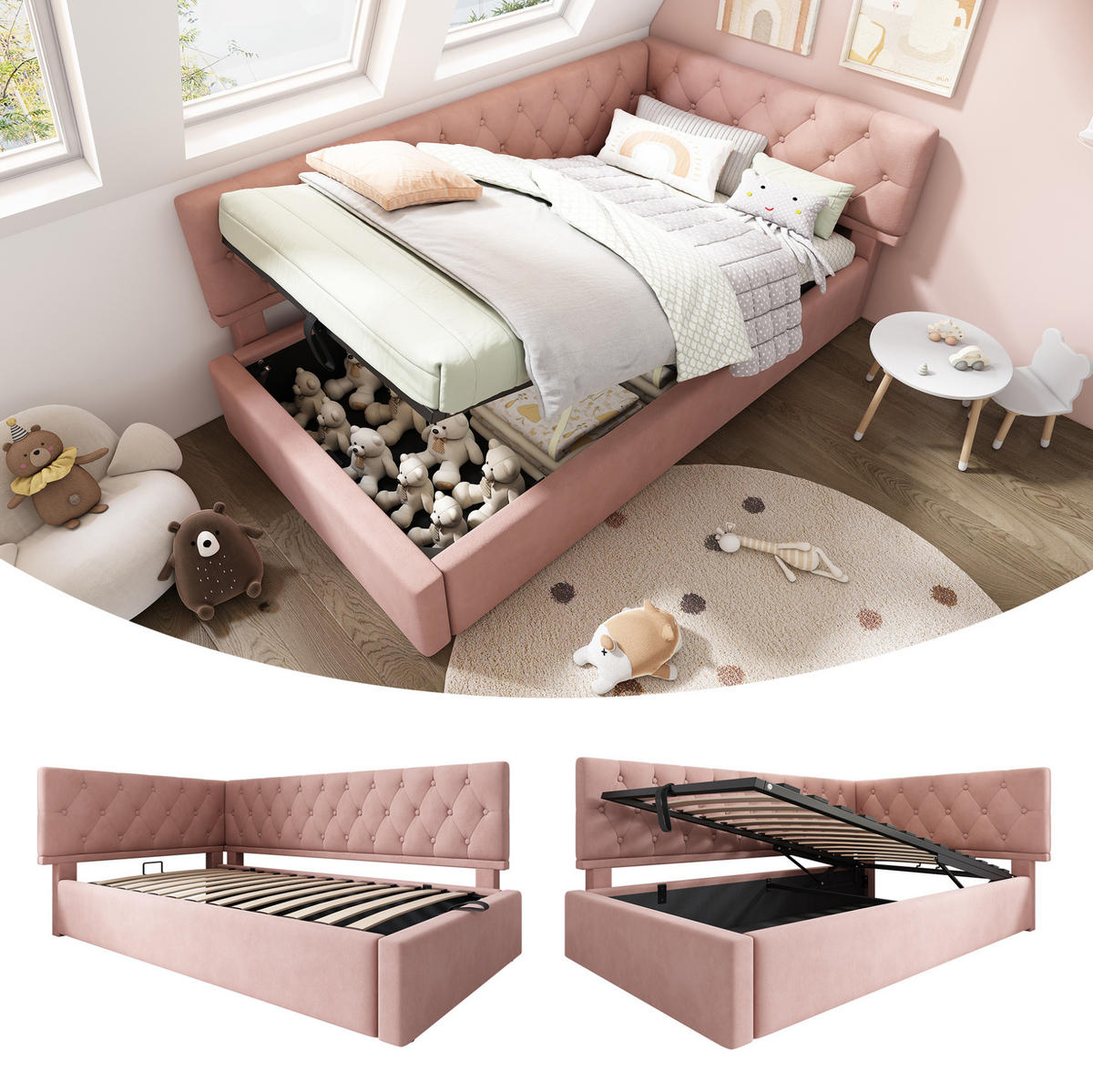 POLSTERBETT aus Samt 90x190 cm in Rosa mit hydraulischem Stauraum - Rosa, Textil (90/190cm) - Modfu