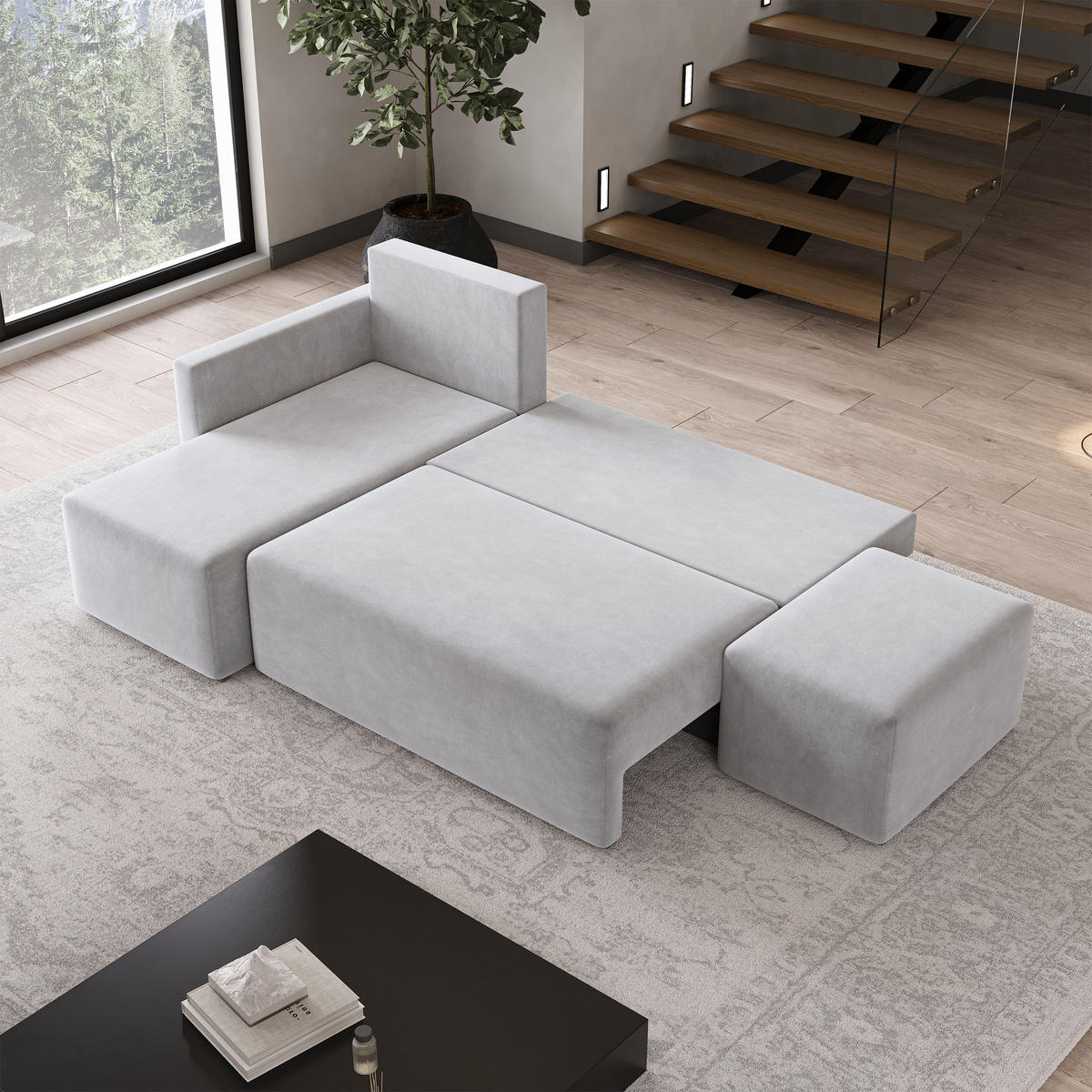 ECKSOFA VELOTTI L-S Hellgrau Plüsch-Stoff mit Schlaffunktion - Hellgrau, Holz (261/143cm) - MASSENO