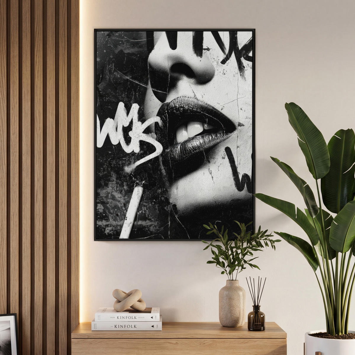 LEINWAND Bilder mit Rahmen - Gesicht - Mund - Graffiti - Schwarz - 70x100 - Schwarz, Textil (70/100cm) - MuchoWow