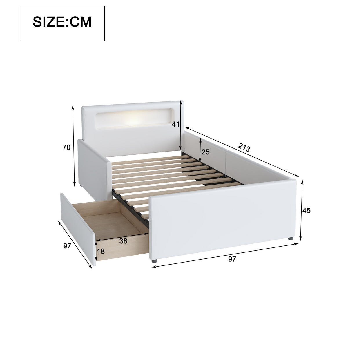 POLSTERBETT 90/200 cm Weiß mit LED-Beleuchtung, USB-Anschluss und Schublade - Weiß, Textil (90/200cm) - Flora Grace