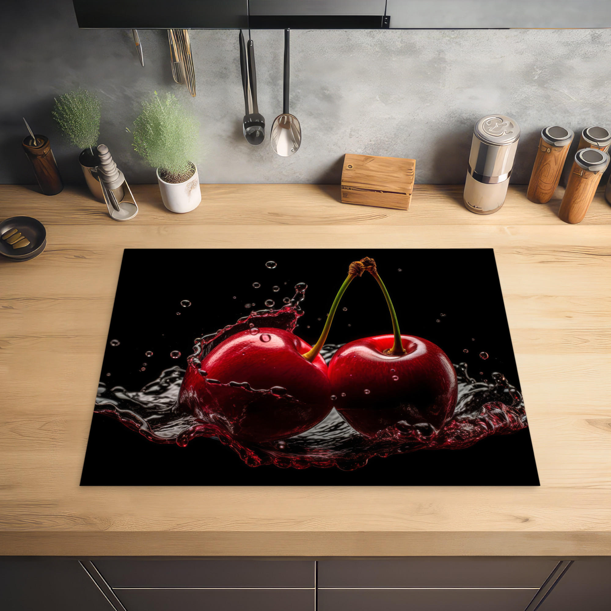 HERDABDECKPLATTE Kirsche - Rot - Frucht - Wasser - Schwarz 71x52 cm - Kirschrot, Kunststoff (71/0.2/52cm) - MuchoWow