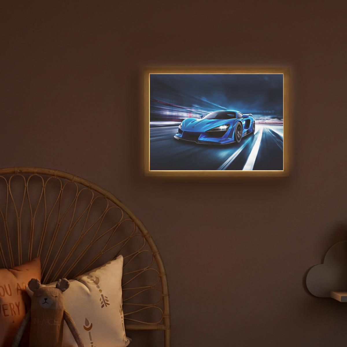 DOBÍJECÍ NOČNÍ LAMPIČKA Auto - Modrá - Chlapci - Dítě 40x30 cm - modrá, kompozitní dřevo (8/40/30cm) - OnlyWow
