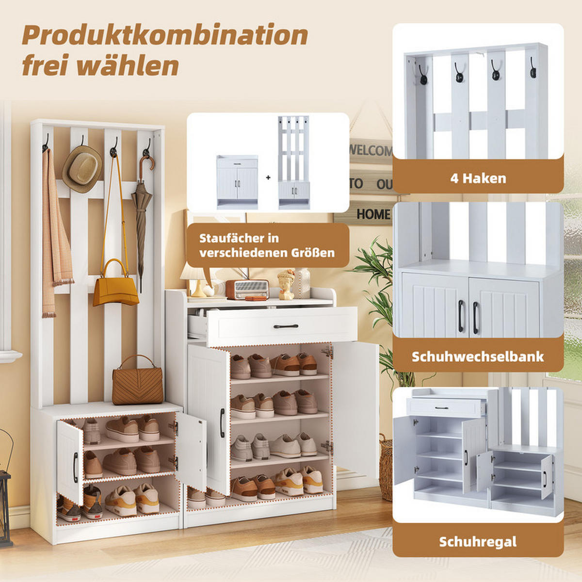 GARDEROBEN-SET WEISS mit Schuhschrank 140.6x32x180 cm - Weiß, Holzwerkstoff (30.5/180/140.6cm) - Fuleadture