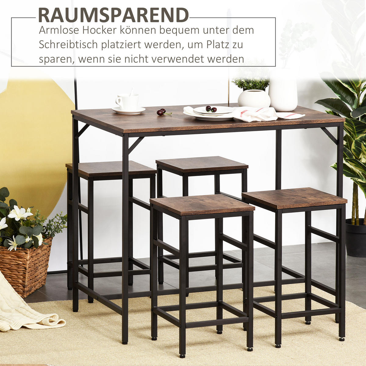 BARTISCH-SET Stehtisch mit 4 Barhockern 5-teiliges Tischset Stahl Braun - Braun, Kunststoff (60/88/100cm) - HOMCOM