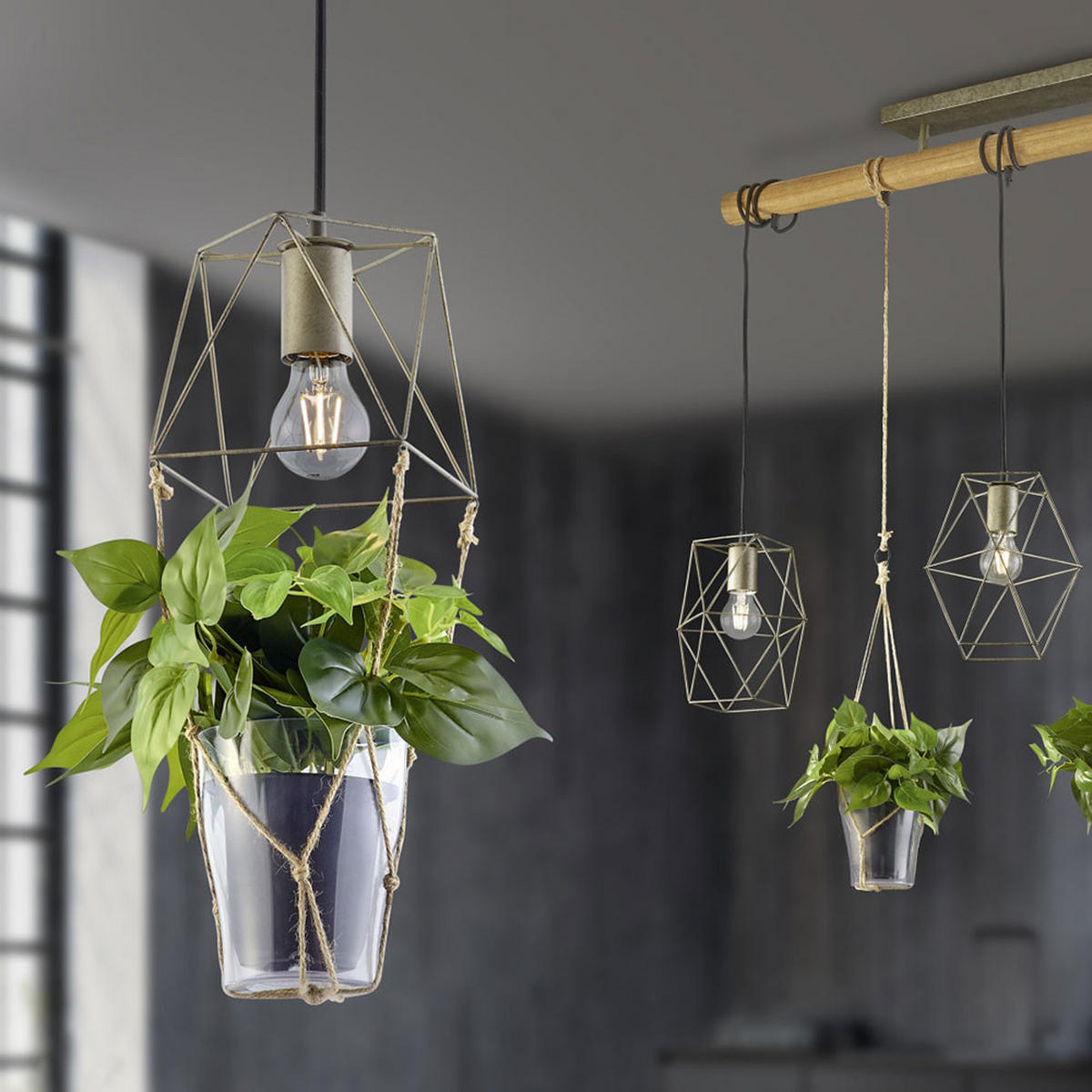 HÄNGELEUCHTE KÄFIG-OPTIK Metall Glas Sisal Grau - Grau, Glas (22/22/150cm)