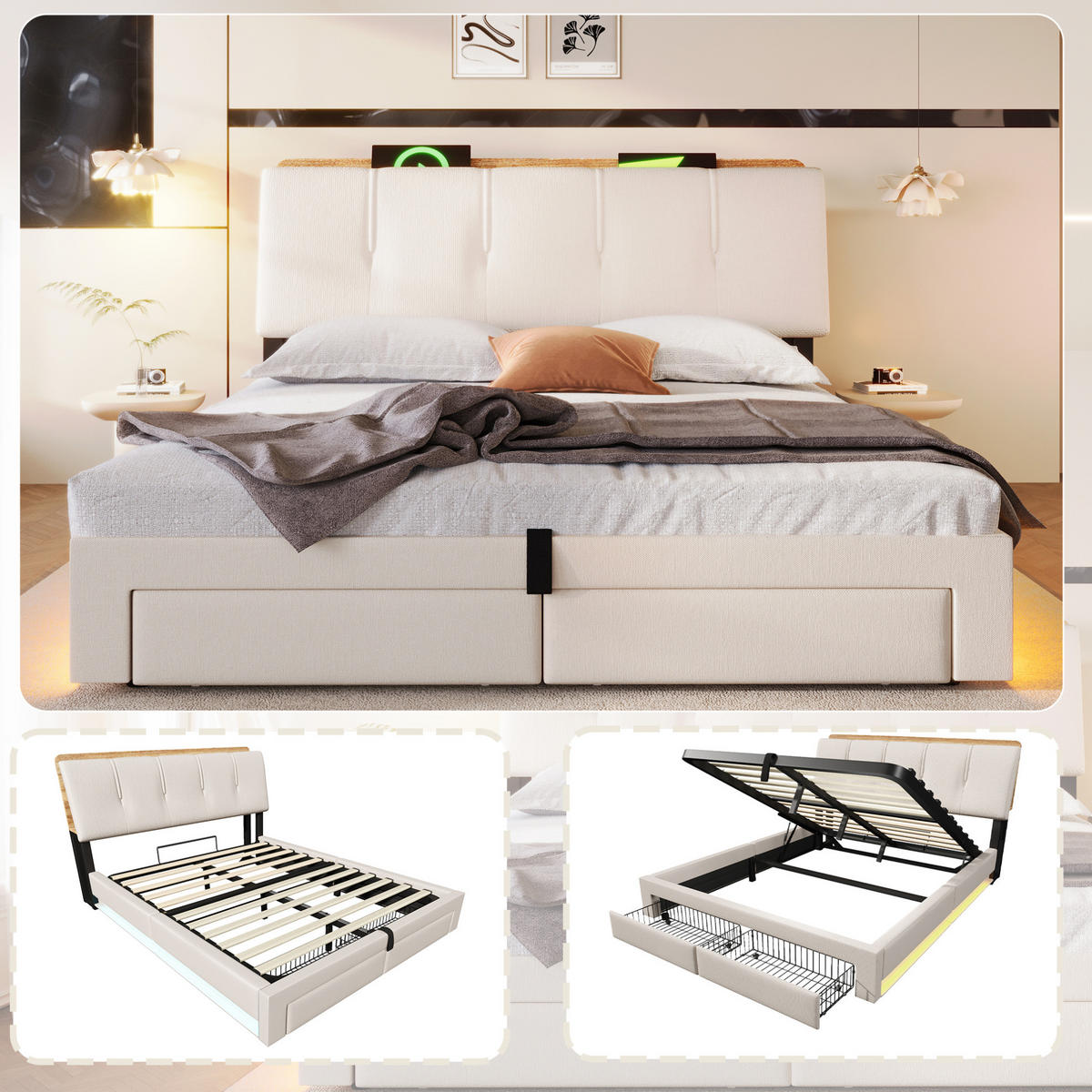 POLSTERBETT 140/200 cm Beige mit LED-Beleuchtung, USB- und USB-C-Anschluss, hydraulischem Bettkasten und Schubladen - Beige, Textil (140/200cm) - OKMYHOME
