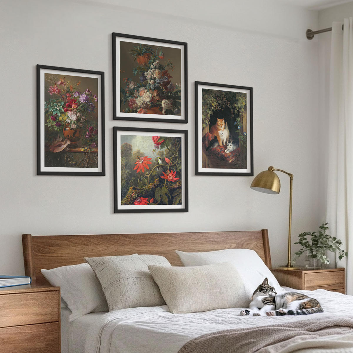 BILDER SET 4er Set - 50x50 cm & 40x60 cm Schwarzer Rahmen - Vintage-Blumen, Katzen, Pflanzen - Schwarz, Kunststoff (50/50cm) - TULUP