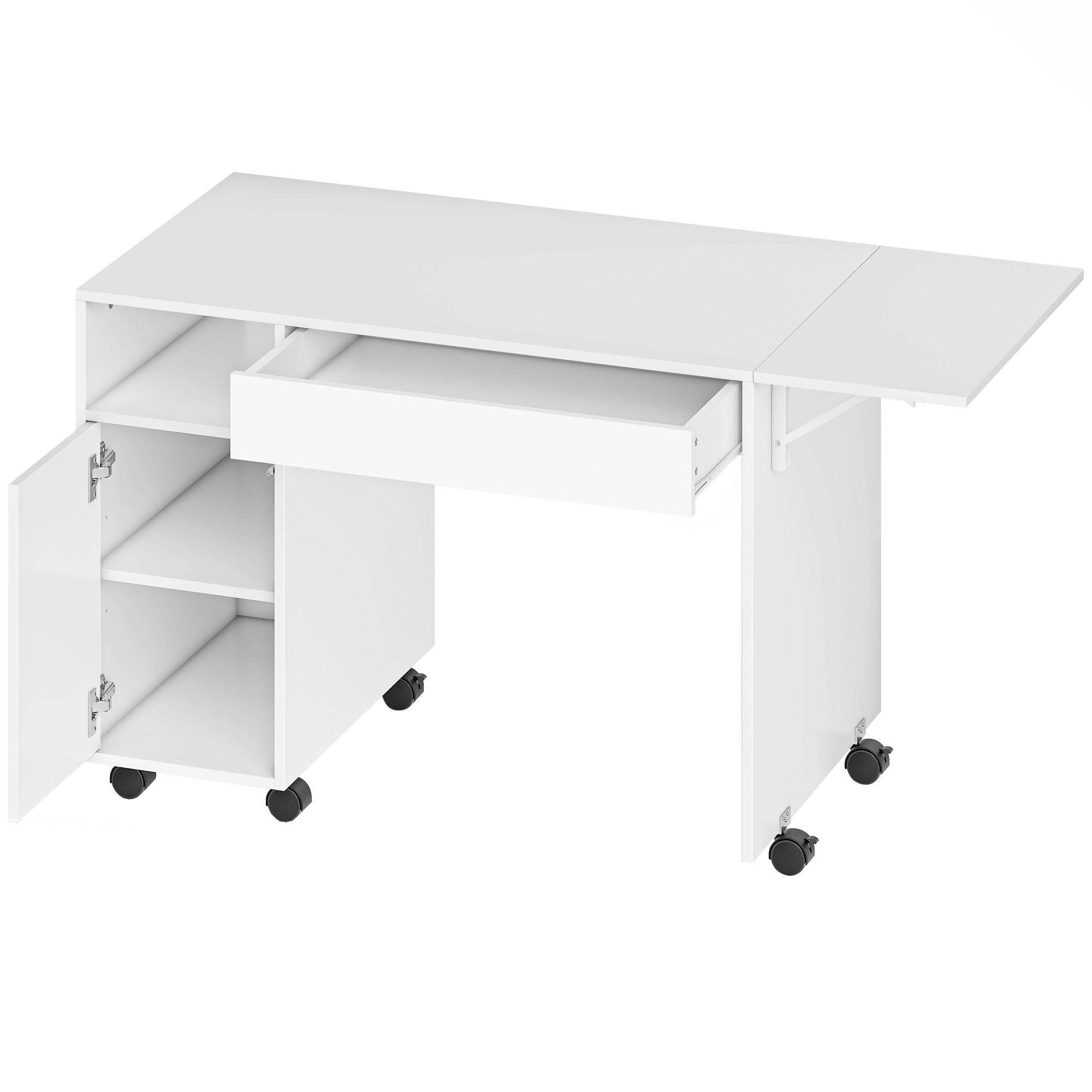 ROLLBARER Computertisch, klappbarer Schreibtisch mit Schrank und Schublade - Weiß, Holzwerkstoff (130/58/73.2cm) - HOMCOM