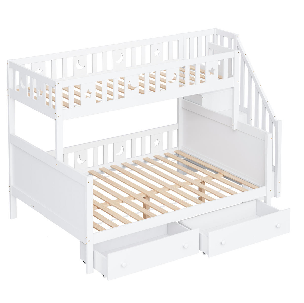 ETAGENBETT 90/200 & 140/200 cm mit Stauraumtreppe, 2 Schubladen und Lattenrost, Weiß - Weiß, Holzwerkstoff (90/200cm) - Redom