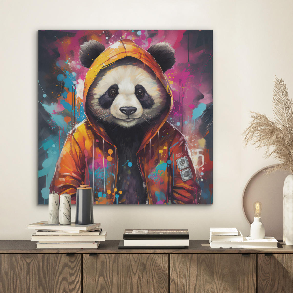 AKUSTIKBILD Panda - Jacke - Graffiti - Orange Wandbilder 60x60 cm - Orange, Kunststoff (60/60/0.9cm) - MuchoWow