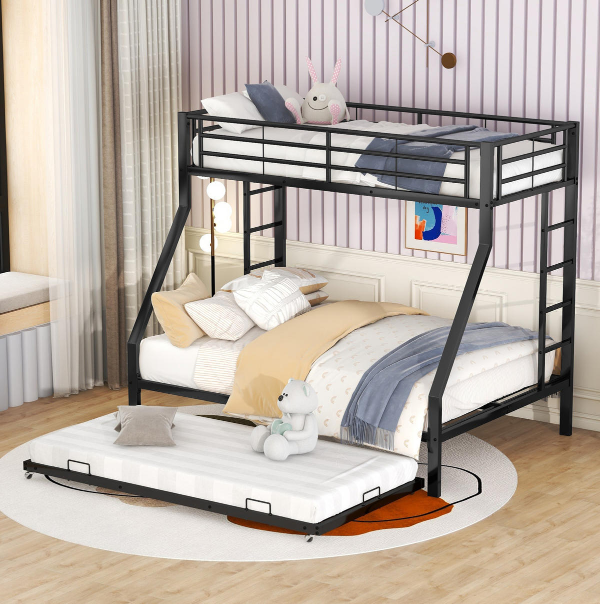 ETAGENBETT 90/200 cm aus Metall mit Ausziehbett und beidseitigen Leitern, Schwarz - Schwarz, Holzwerkstoff (90/190cm) - Redom