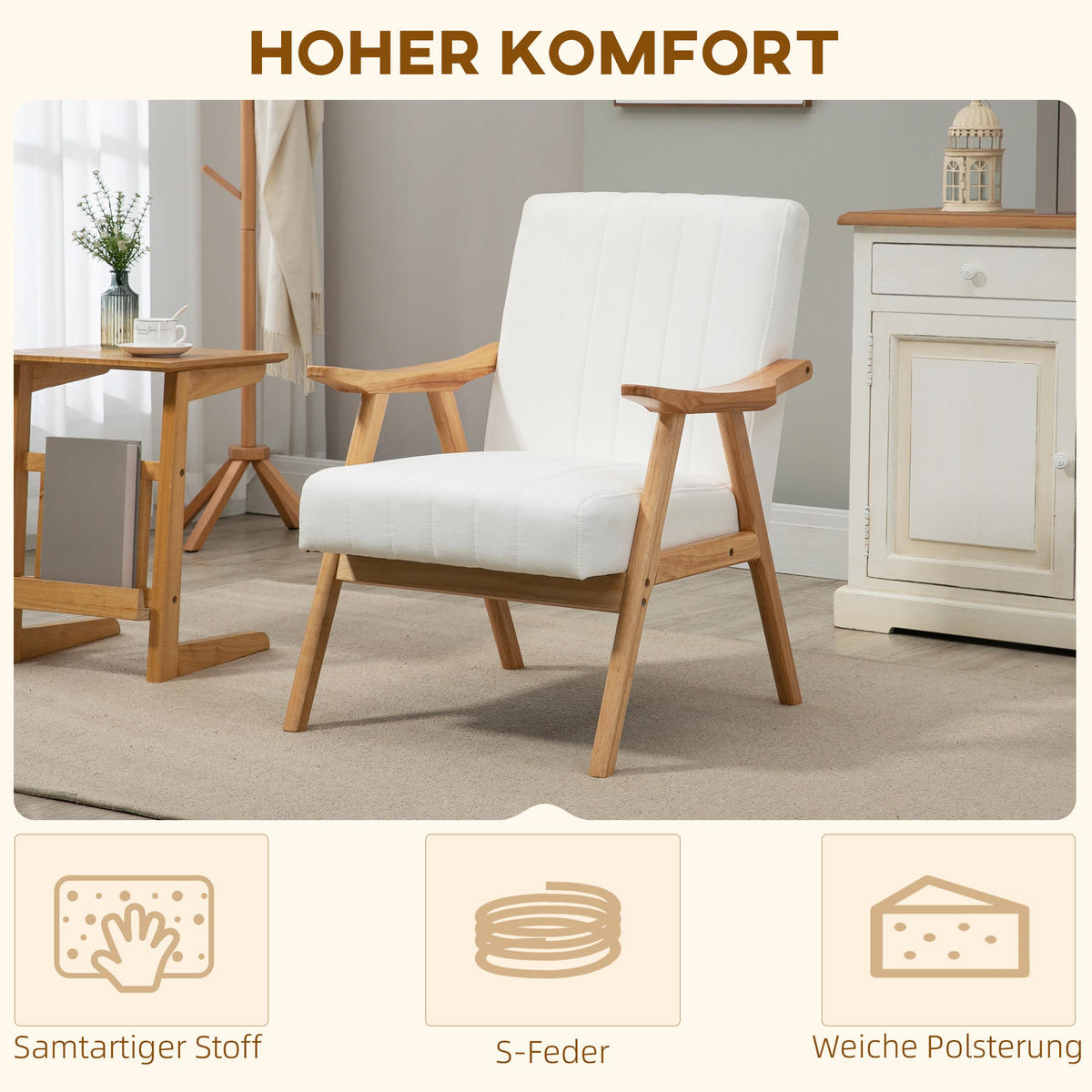 POLSTERSESSEL Wohnzimmersessel mit Armlehnen Kautschukbaumholz Farbe: Creme - Creme, Kunststoff (74/82/68cm) - HOMCOM