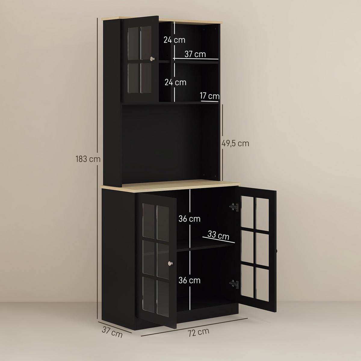 KÜCHENSCHRANK Schwarz und Eiche-Nachbildung, 3 Glastüren, 80/37/183 cm - Schwarz, Holz (203.2/464.82/93.98cm) - PANGIVO