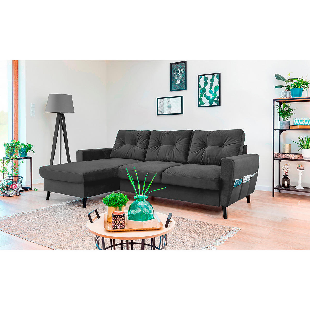 ECKSOFA mit Longchair - Dunkelgrau/Schwarz, Textil (233/148cm) - home24