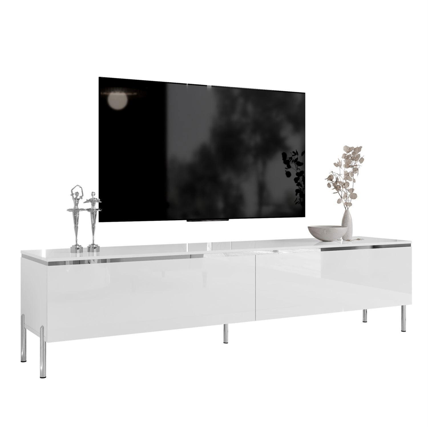 TV-SCHRANK AURORA SILVER 180 cm – gerade Chrombeine - Weiß Hochglanz, Holzwerkstoff (180/49.5/40cm) - Lookway