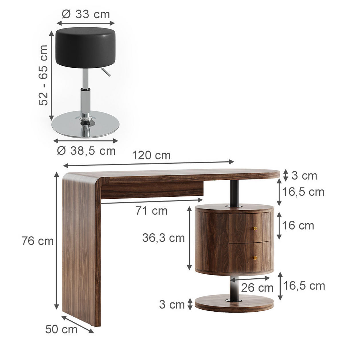 SCHMINKTISCH Lara Eiche rustikal 120 cm mit Hocker - Wildeiche, Holzwerkstoff (50/120/76cm) - Vicco