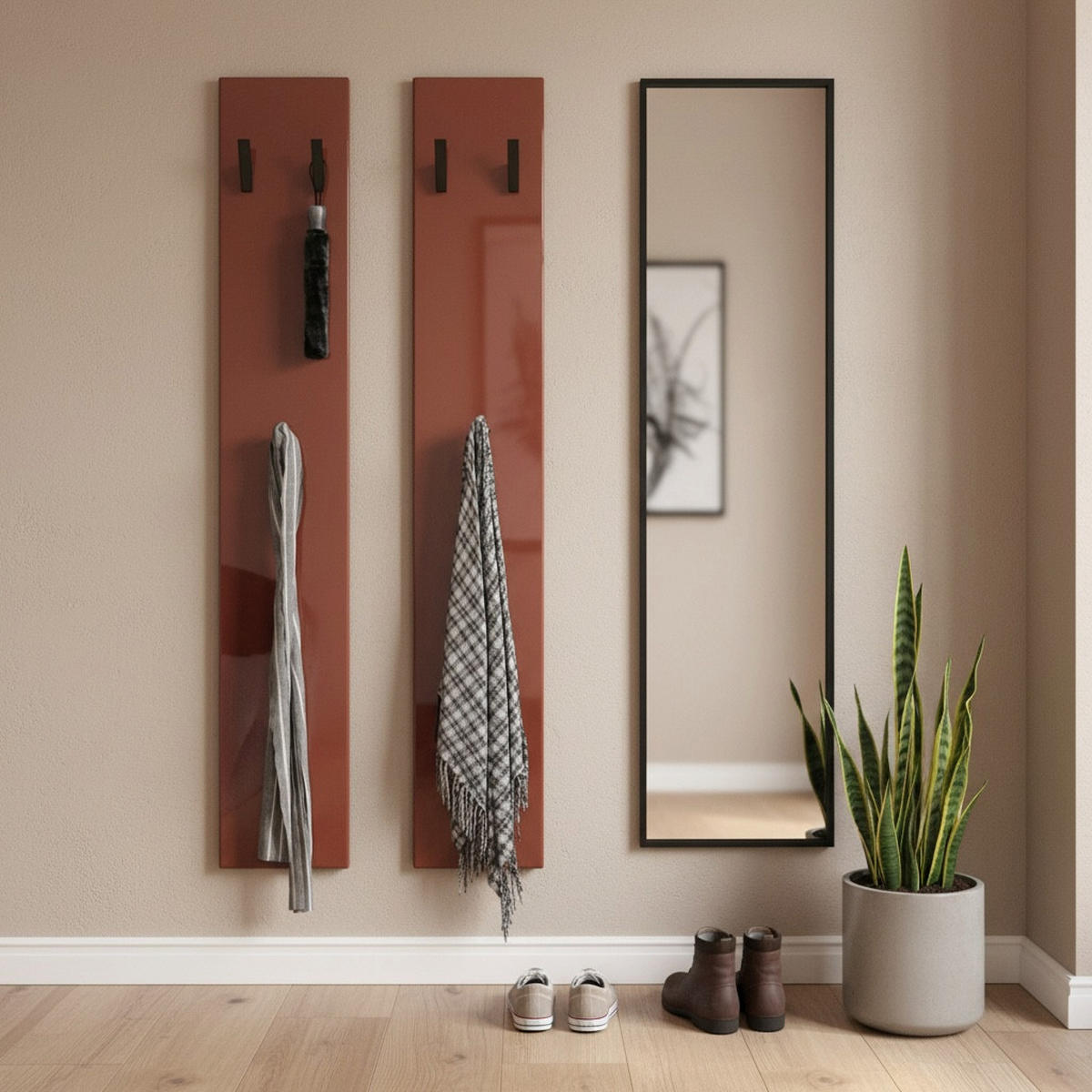 GARDEROBENPANEEL Roma M140, Moderne Wandgarderobe mit 6 Kleiderhaken, Made in Germany, Wandpaneel für Flur, Bordeaux Hochglanz (24 x 140 x 2 cm) - Bordeaux, Holzwerkstoff (24/140/2cm) - InnoFurn