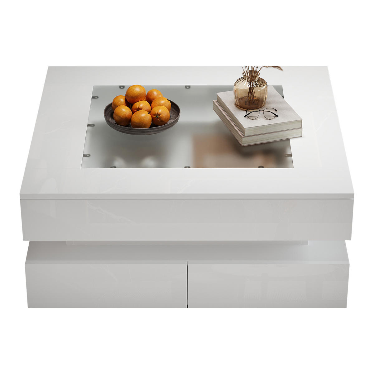 COUCHTISCH Weiß LED 3 Schubladen 70/70/35 cm - Weiß, Glas/Holzwerkstoff (70/70/35cm)