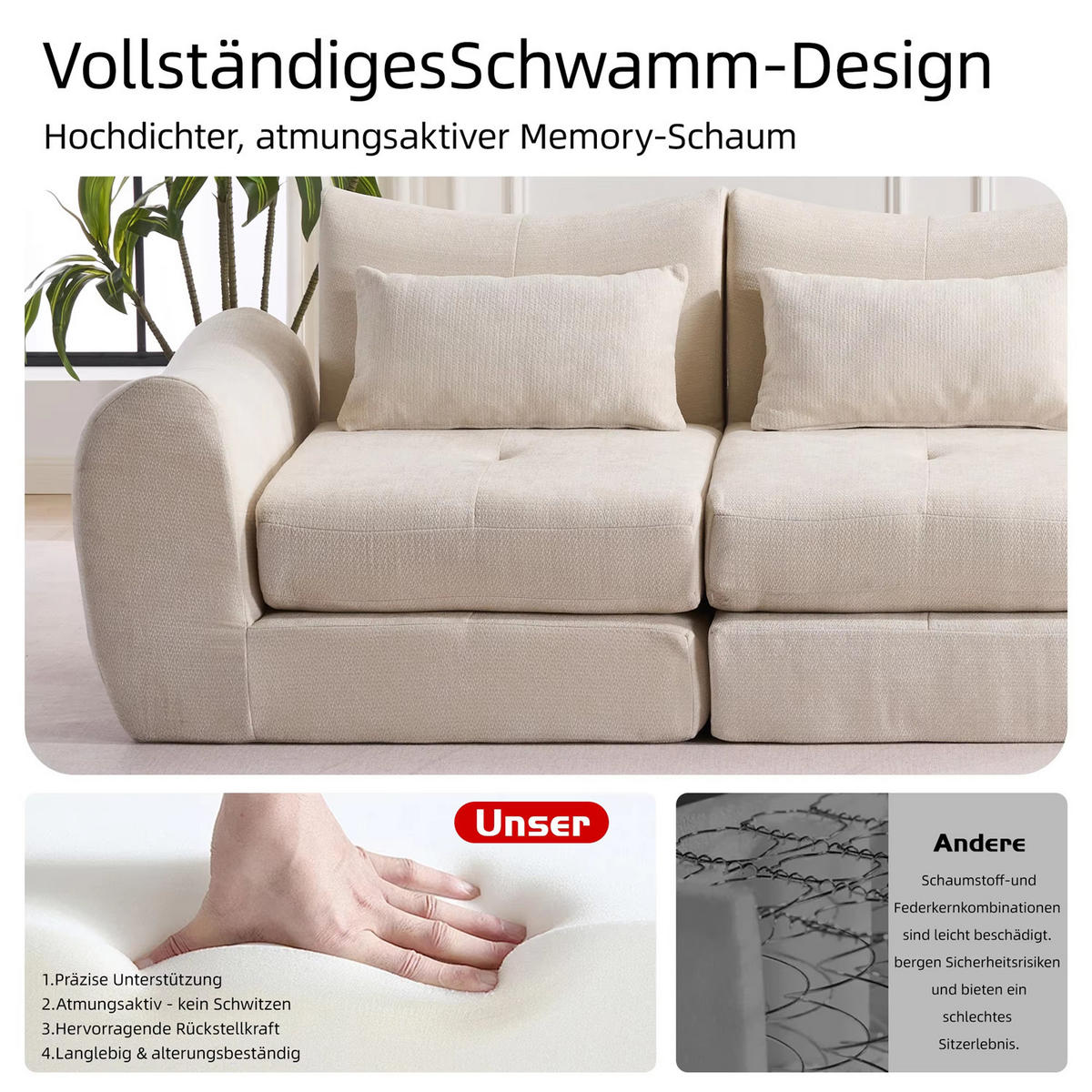 SCHLAFSOFA 3-Sitzer Chenille, Komfort Kompressionssofa ohne Aufbau, Beige - Beige, Textil (262/78/97cm) - Kaket