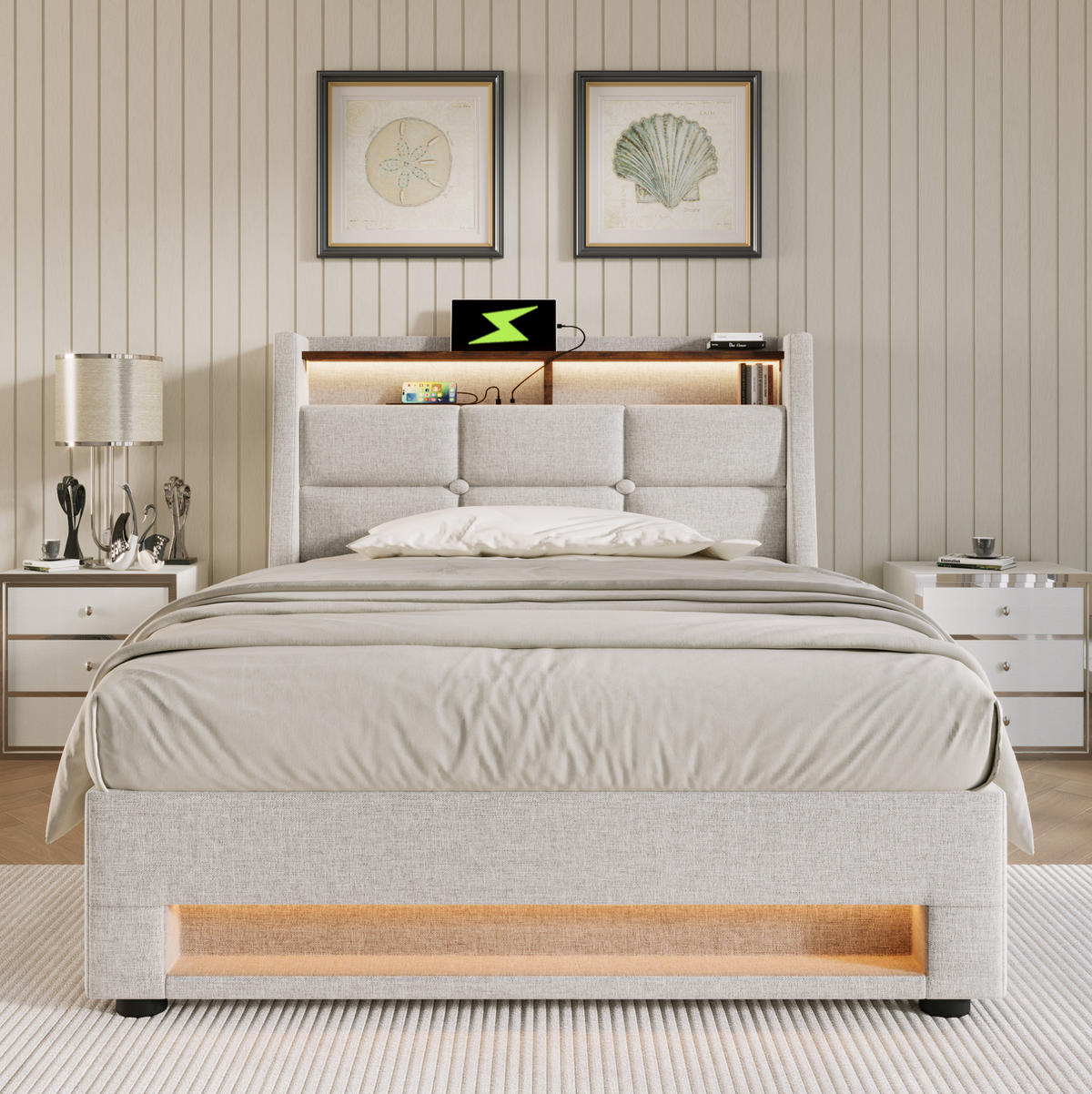 POLSTERBETT 90/200 cm Beige mit LED, USB und Stauraum - Beige, Textil (90/200cm) - Flora Grace