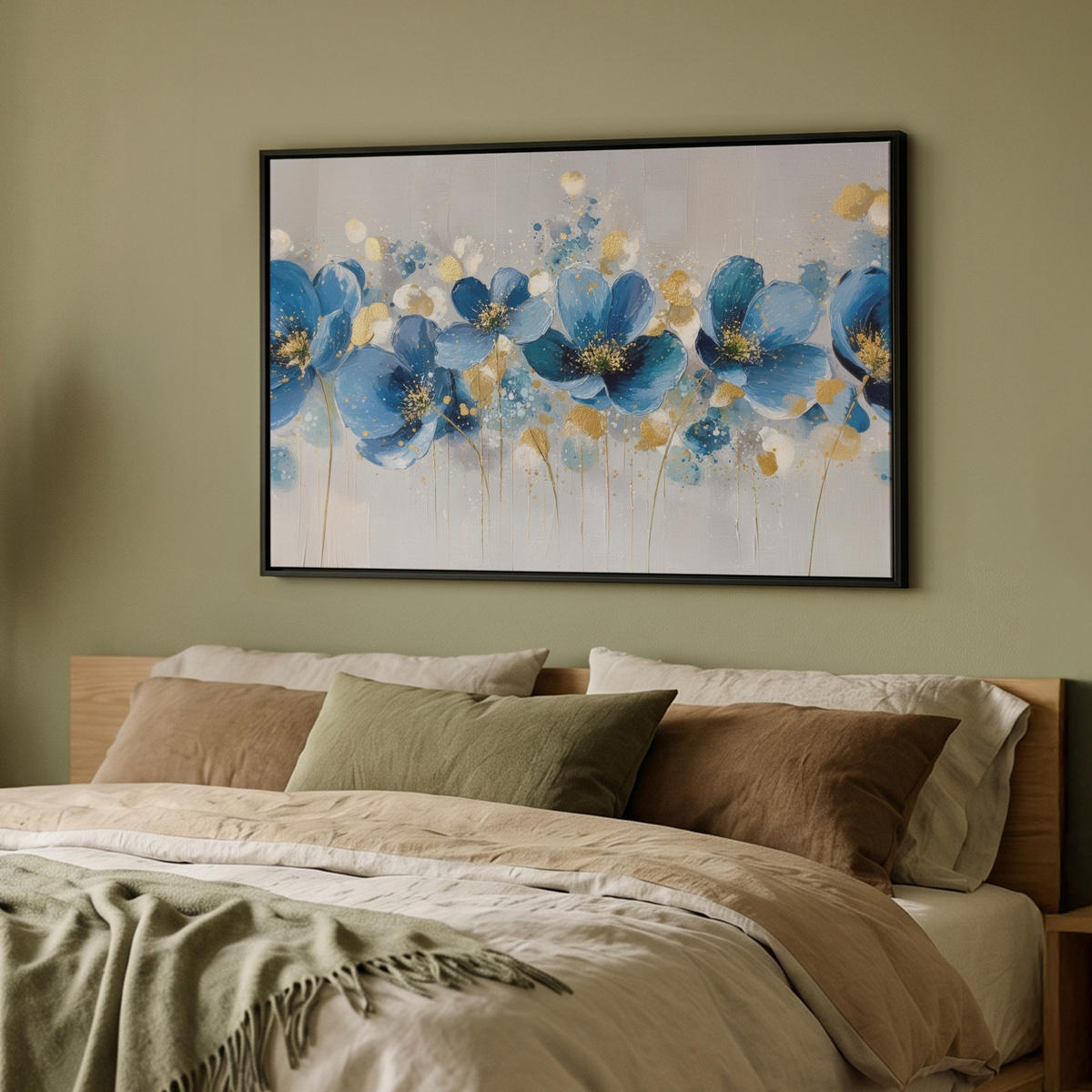 LEINWAND Bilder mit Rahmen - Blumen - Blau - Abstrakt - 90x60 - Hellgrau, Textil (90/60cm) - MuchoWow