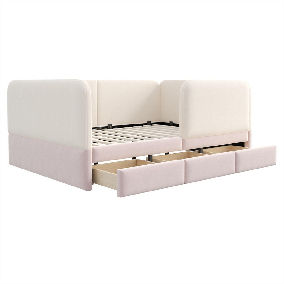 POLSTERBETT 140x200 cm mit Rundum-Sicherheitsumrandung & 3 Schubladen - Beige&Rosa - Samt - ohne Matratze - Pink, Textil (140/200cm) - DELFA