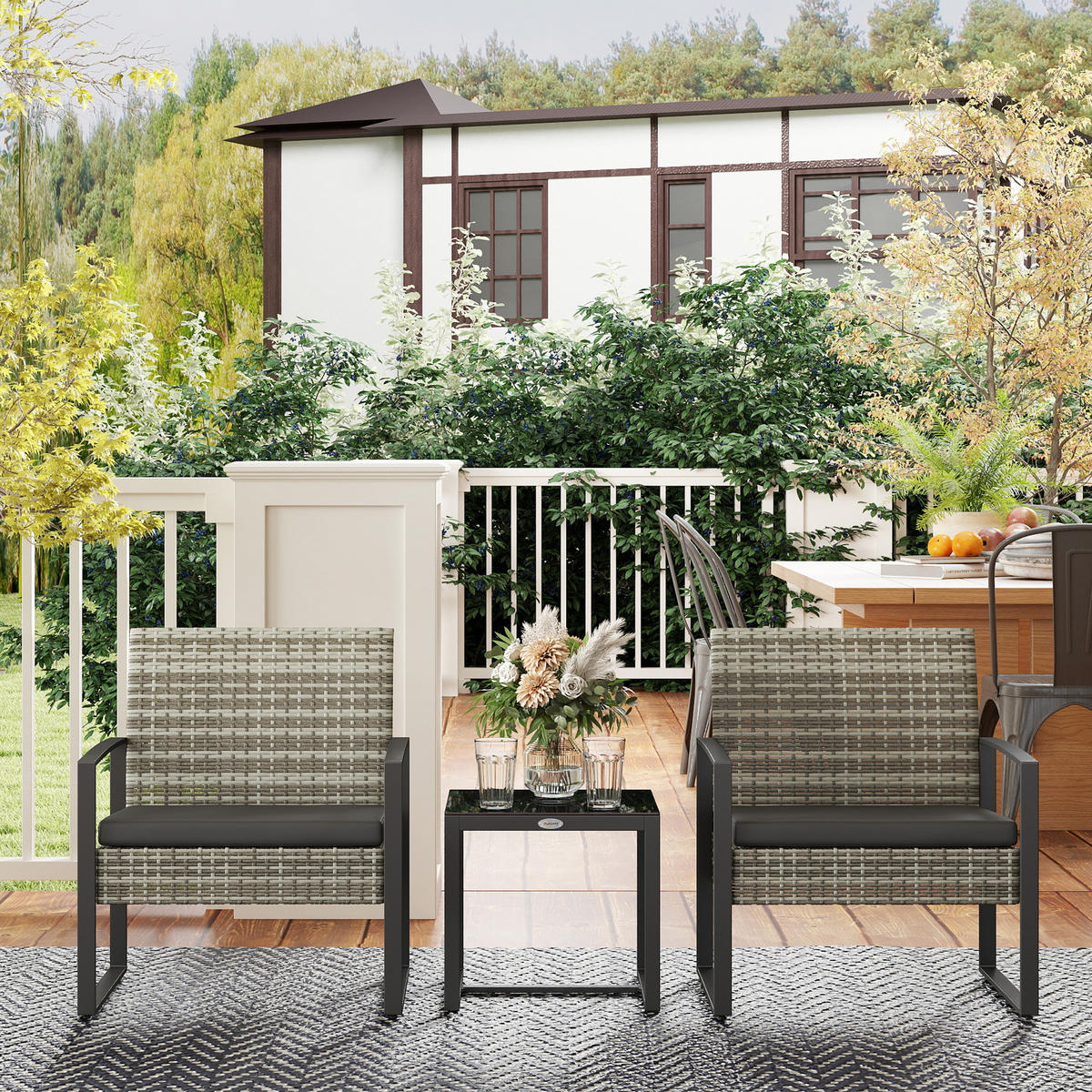 GARTENSET DE-13602 2 Stühle mit Kissen, Glastisch Hellgrau - Hellgrau, Metall - ComfortXL