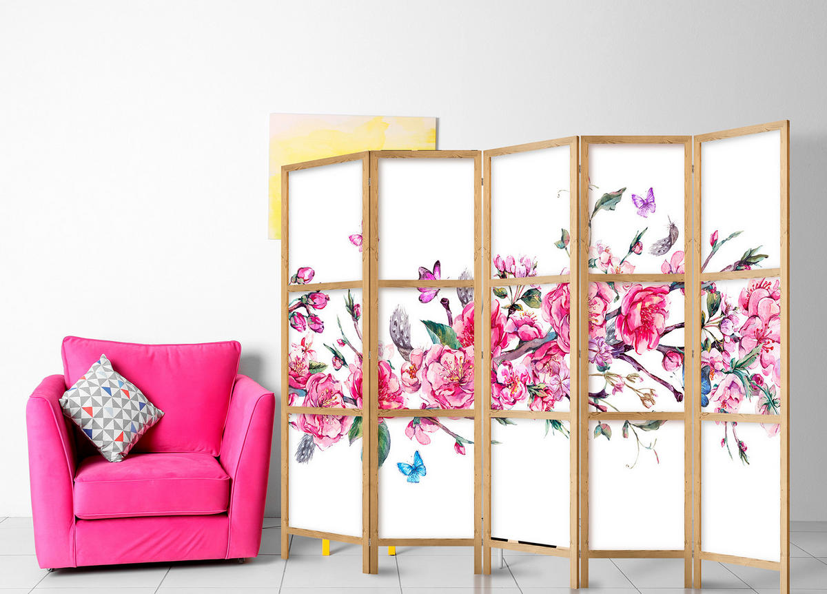 PARAVÁN Japonský 5-dielny 225x172 cm Farebné Kvety - viacfarebná, drevo/textil (225/172/3cm) - Muralo