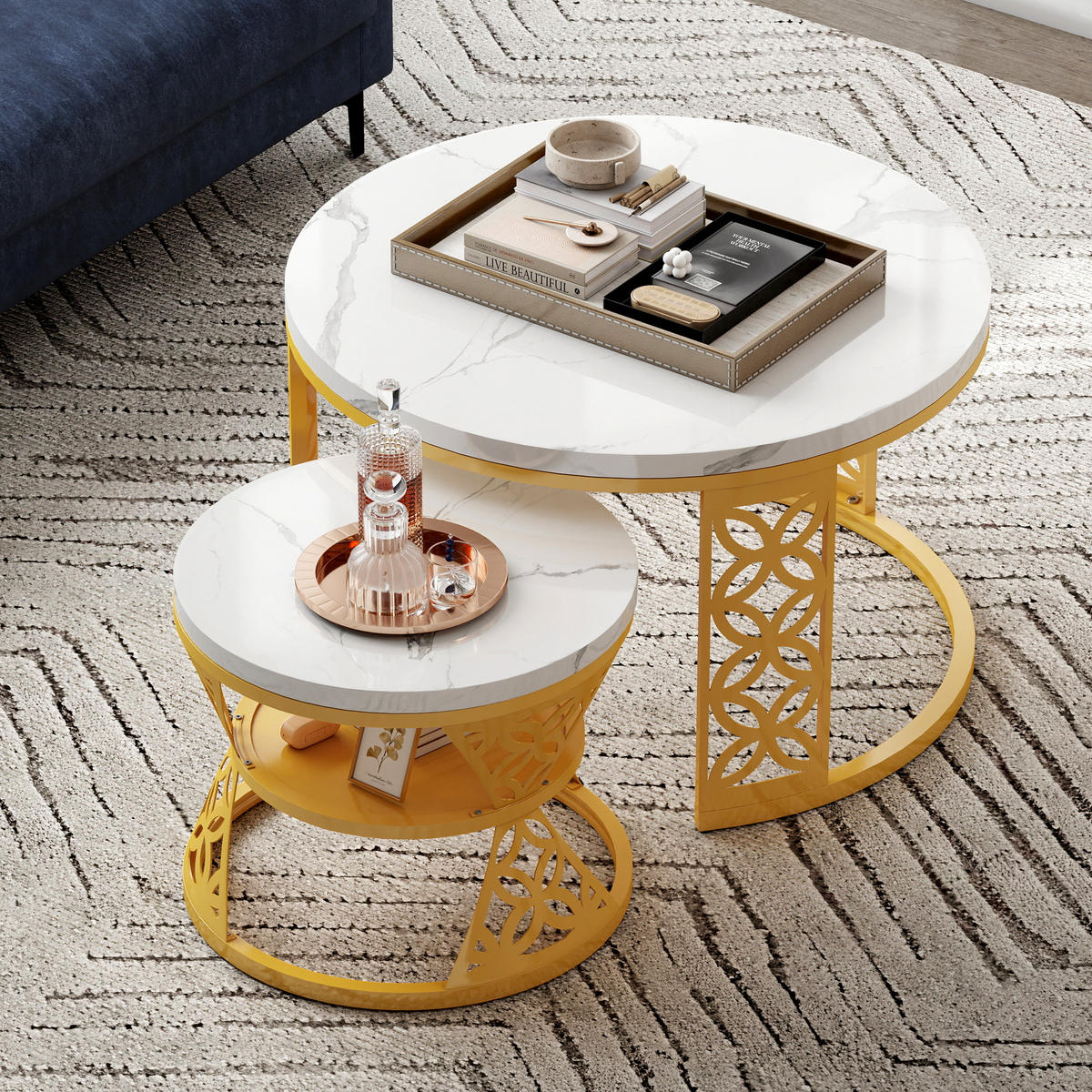COUCHTISCH Beistelltisch-Set, Wohnzimmer-Beistelltisch-Set (2-teilig), weiße Marmoroptik, goldener Metallrahmen - Goldfarben/Weiß, Holzwerkstoff/Metall (70/70/45cm) - EVRYAE