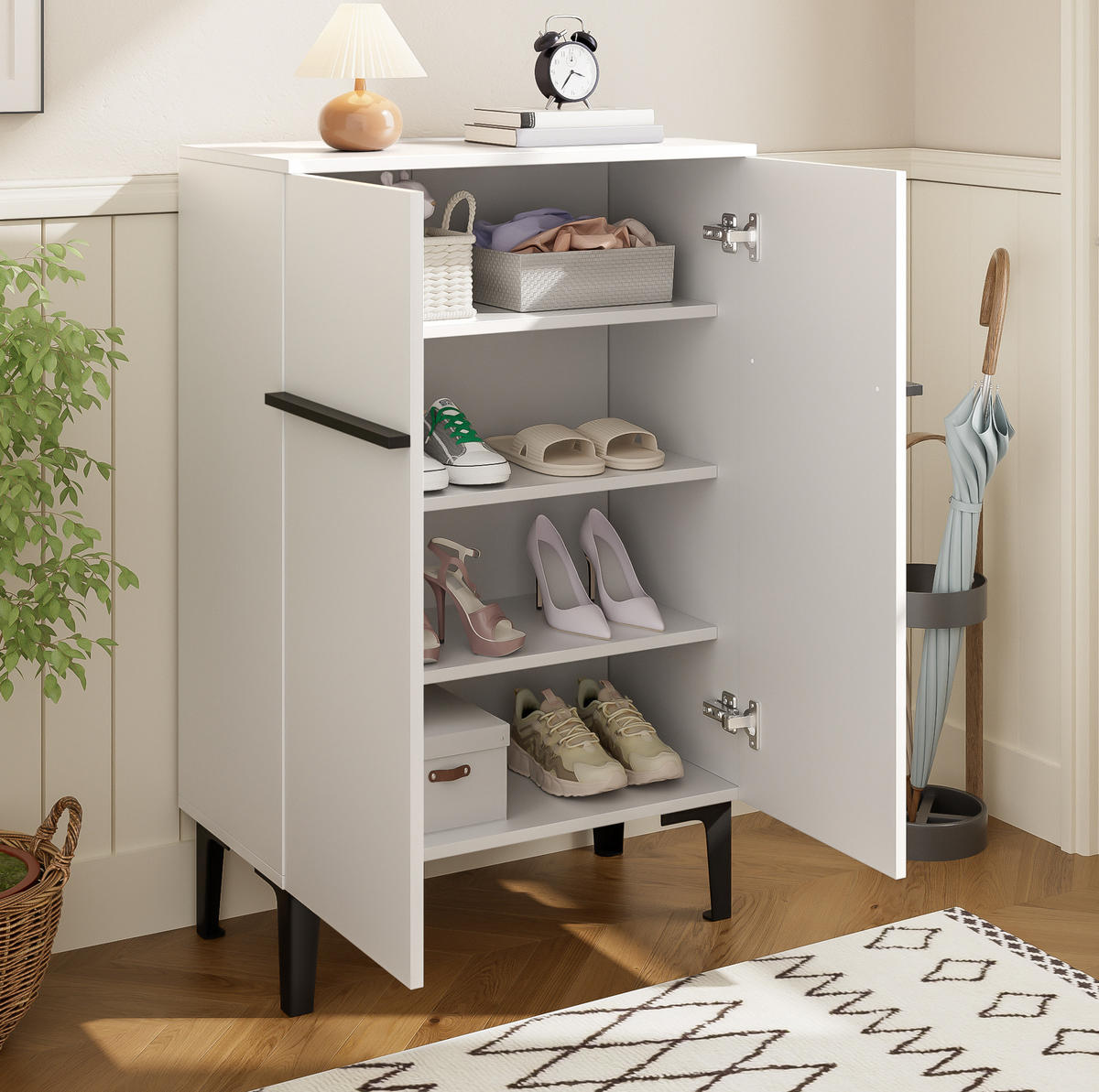 SCHUHSCHRANK 60/34,5/95 cm mit Doppeltüren, verstellbaren Einlegeböden und viel Stauraum aus Holzwerkstoff, Weiß/Schwarz - Weiß, Holzwerkstoff (60/95/34.5cm) - Redom