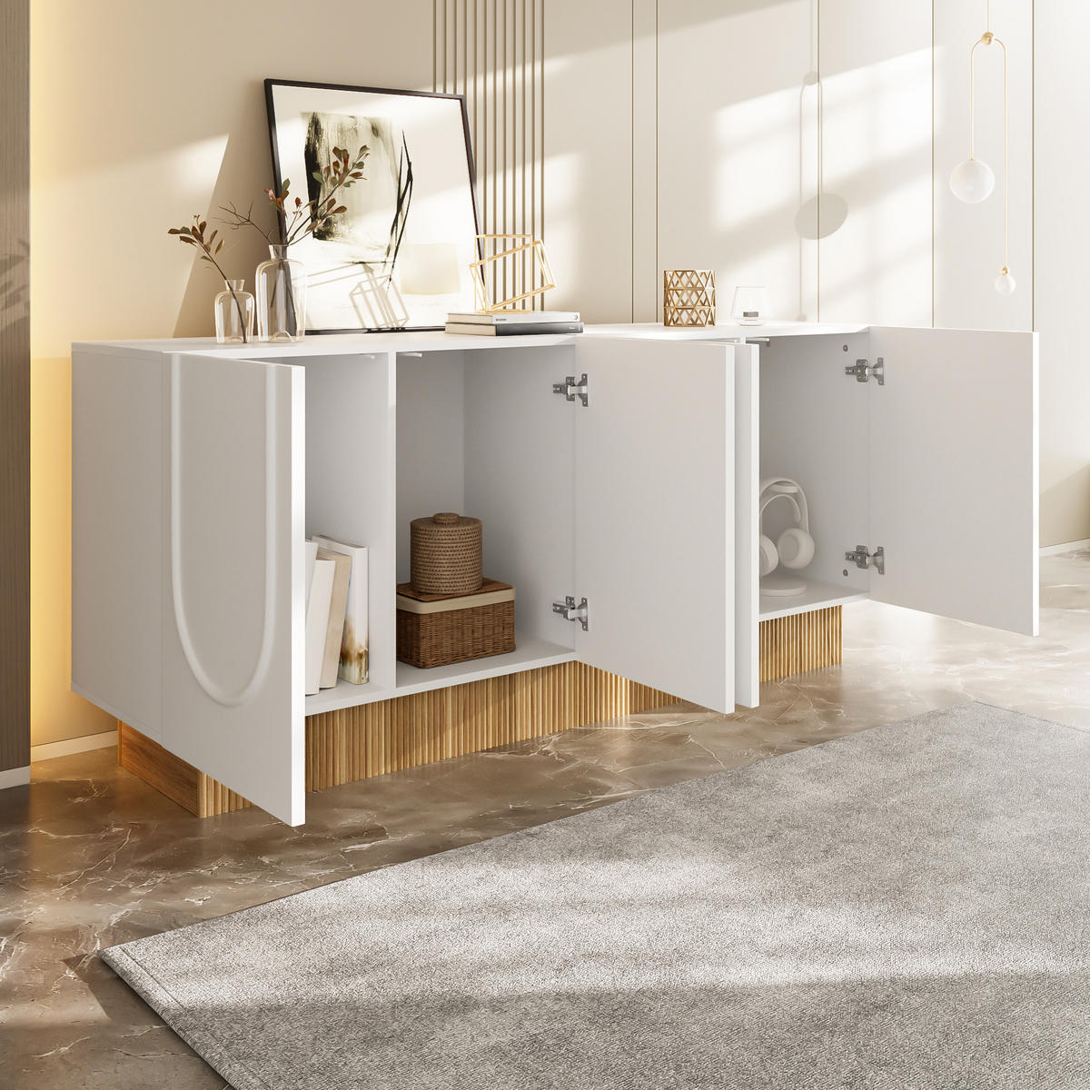 KOMMODE 160/38/75 cm in Weiß mit 4 Türen und Holzdekor - Weiß, Holzwerkstoff (160/75/38cm) - Flora Grace