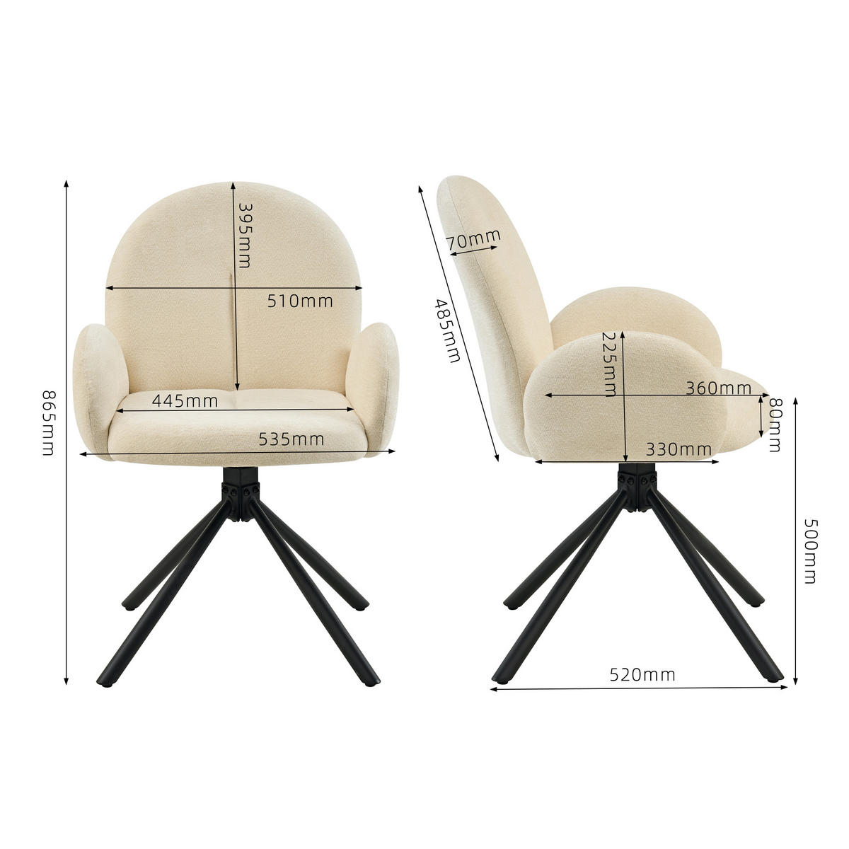 ARMLEHNSTUHL-SET DE-36849 2 Stück mit Drehfunktion Cremeweiß - Creme, Metall (36/86.5/53.5cm) - ComfortXL