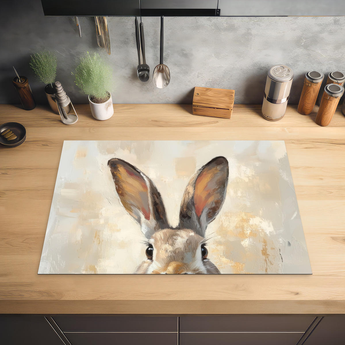 HERDABDECKPLATTE Hase - Ohren - Braun Herdabdeckung Induktionsfeld 75x52 cm - Beige, Kunststoff (75/52/0.2cm) - MuchoWow