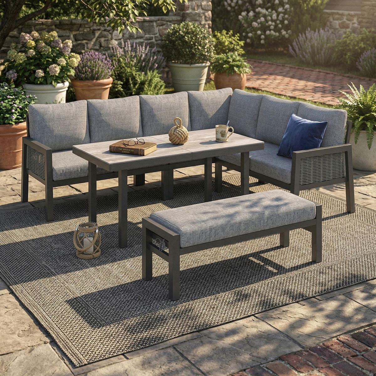 GARTEN-ESSGRUPPE 8 Personen Eckstellung Glastisch Grau - Grau, Textil - FLIEKS