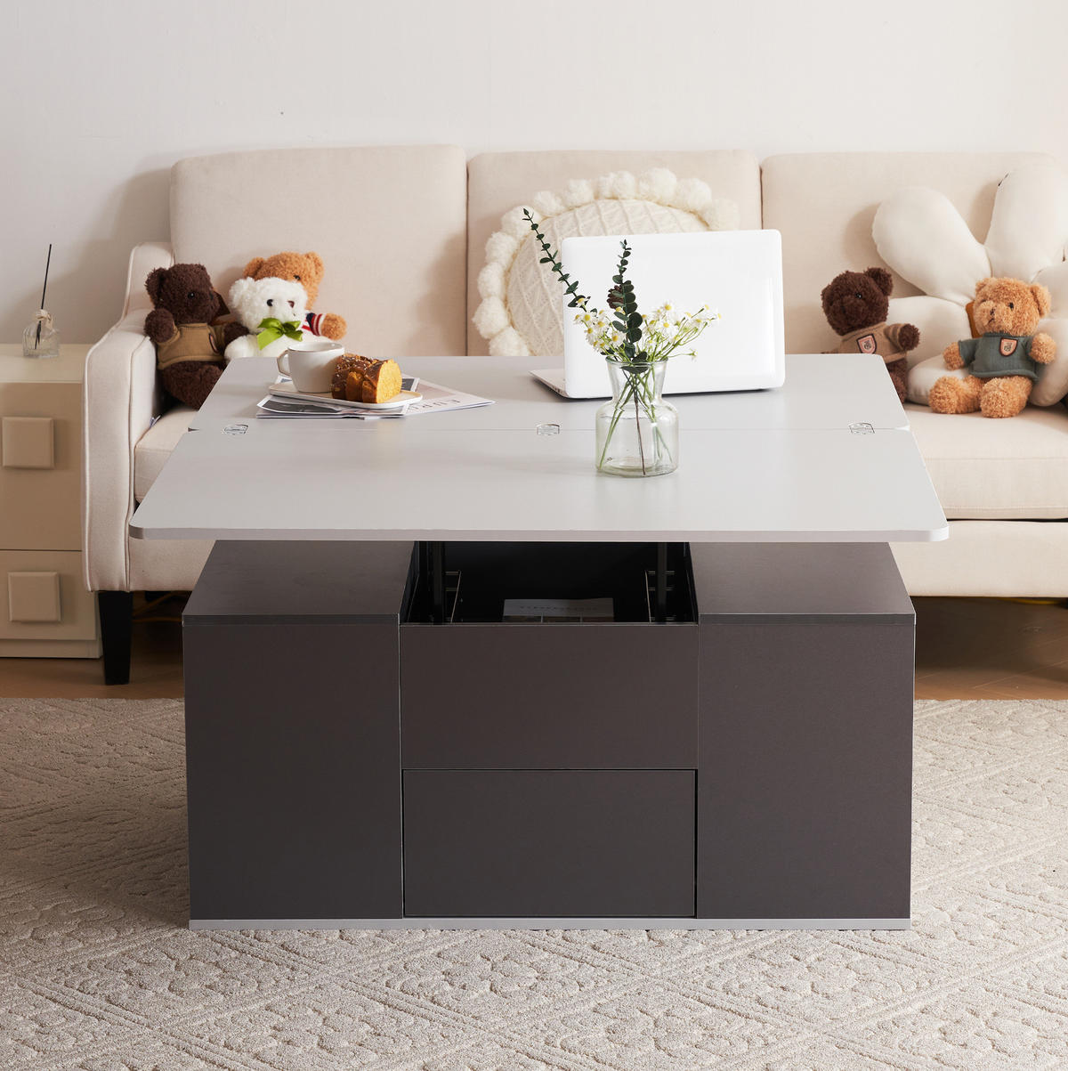 COUCHTISCH 100/51/47 cm höhenverstellbar mit Stauraum in Grau - Grau, Holzwerkstoff (100/51/47cm) - Flora Grace